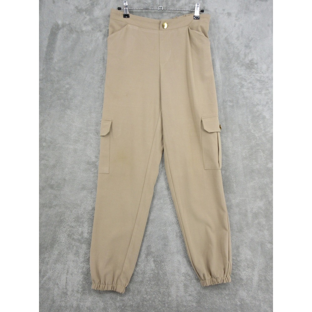 IMAN Pants Womens Size Small Cargo Jogger Elastic Cuff Gold Button Chino Tan
